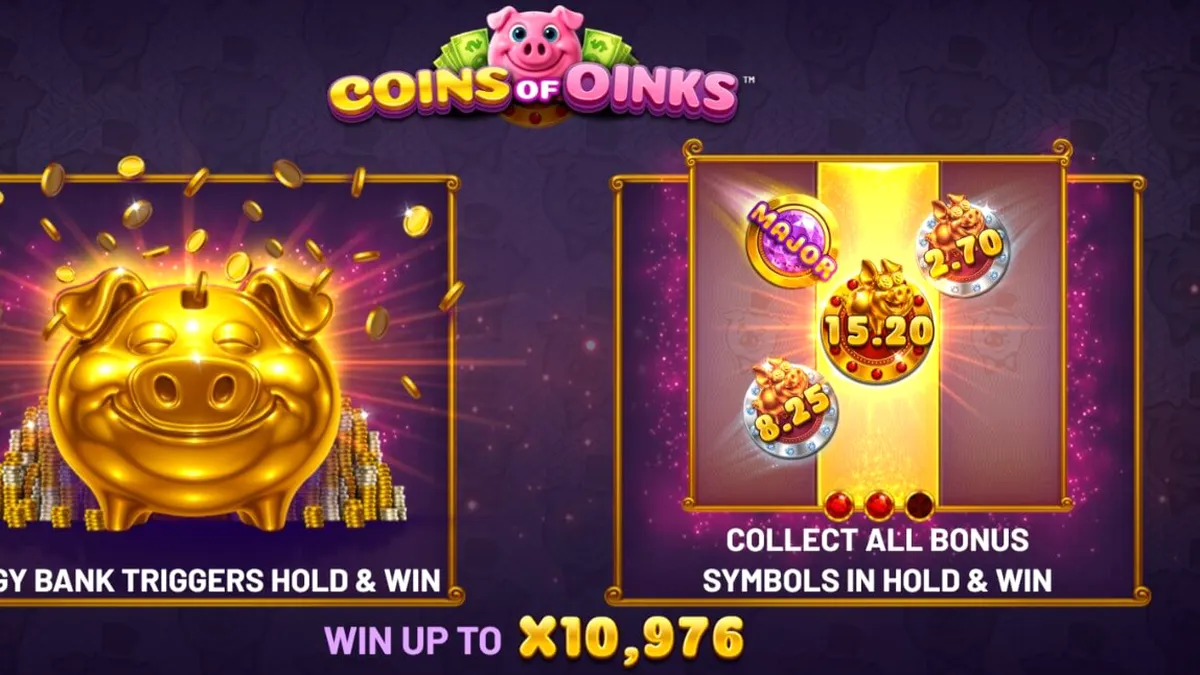 Tampilan visual slot Coins of Oinks dengan tema babi mewah dan emas